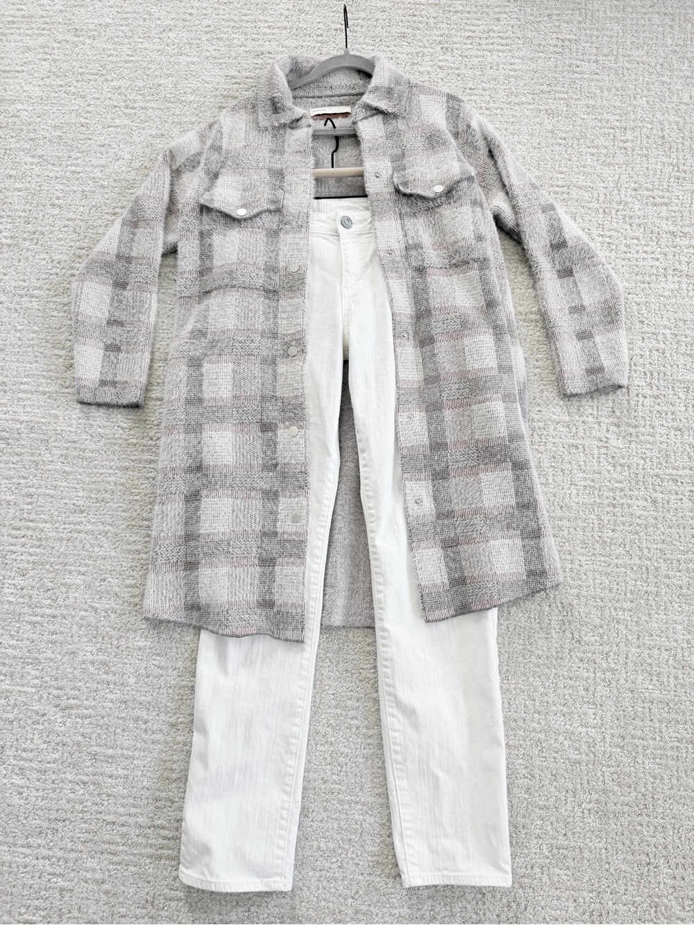 Pilcro Plaid Long Shacket in Gray and White